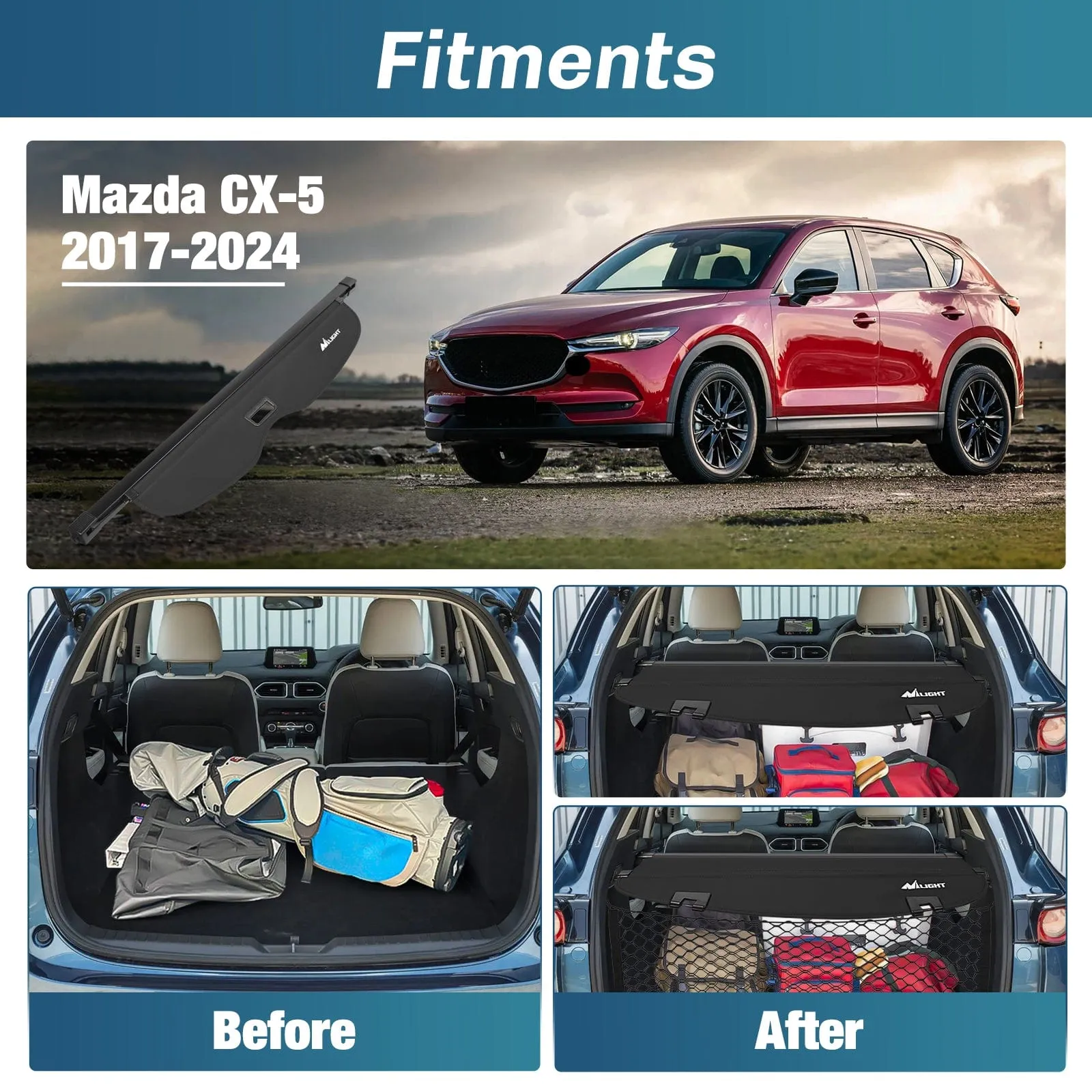 2017-2025 Mazda CX-5 Retractable Trunk Cargo Cover With Trunk Storage Net