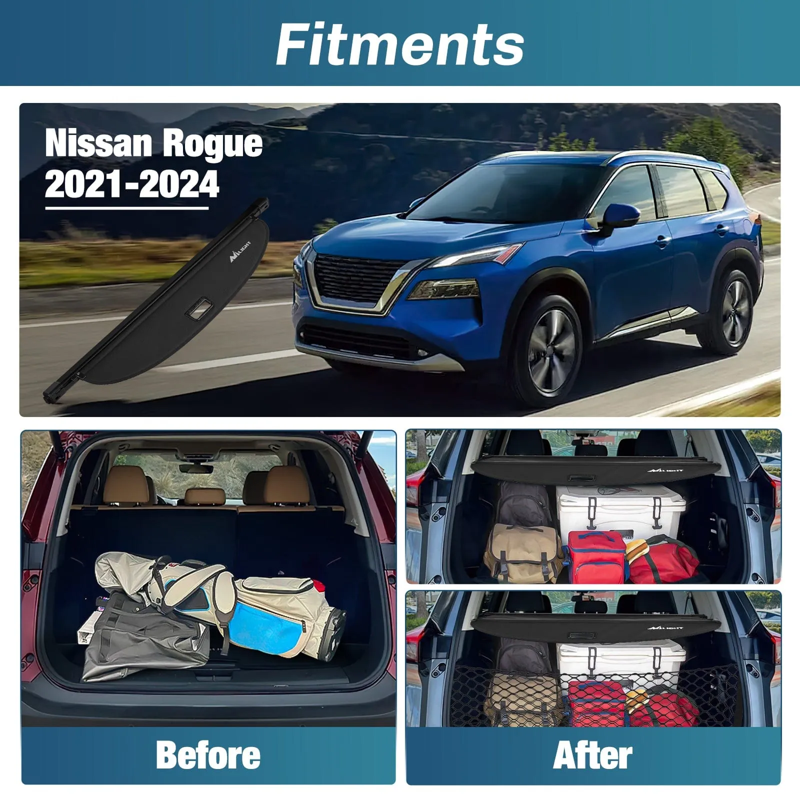 2021-2025 Nissan Rogue Retractable Trunk Cargo Cover With Trunk Storage Net