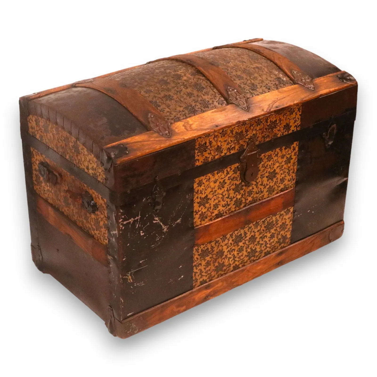 Curved Top Steamer Trunk Scroll Pattern Embossed Tin Panels Antique 1890's