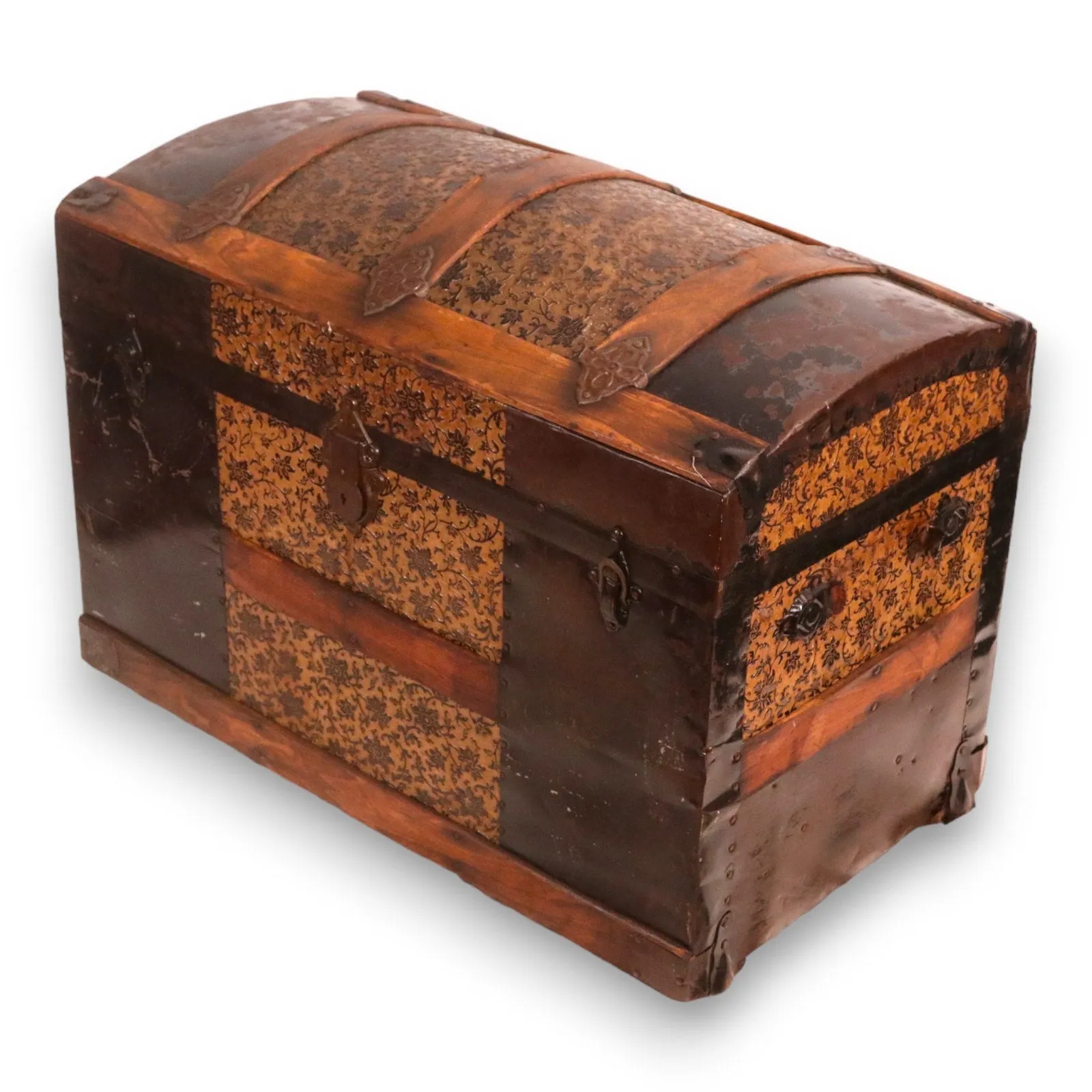 Curved Top Steamer Trunk Scroll Pattern Embossed Tin Panels Antique 1890's