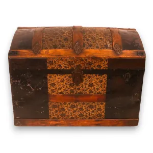 Curved Top Steamer Trunk Scroll Pattern Embossed Tin Panels Antique 1890's