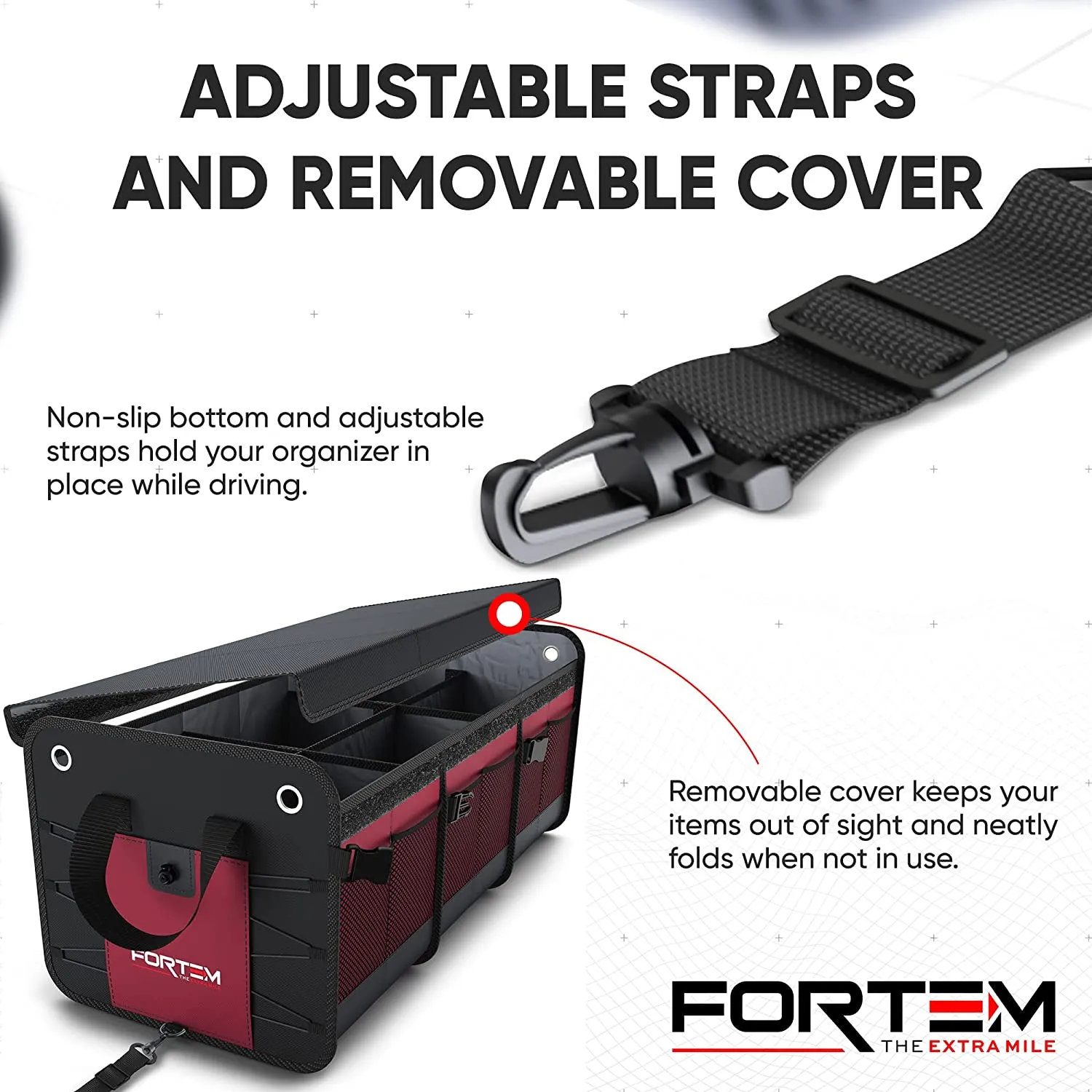 New FORTEM Car Trunk Organizer, SUV Trunk Organizer, Car Storage Organizer, Collapsible Multi Compartment Car Organizer, Non Slip Bottom, Adjustable Securing Straps, Foldable Cover (3 Compartments, Red) Retails $125 