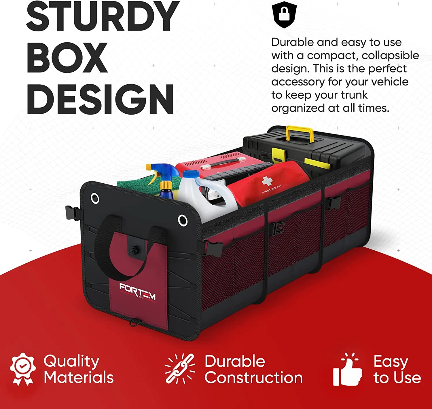 New FORTEM Car Trunk Organizer, SUV Trunk Organizer, Car Storage Organizer, Collapsible Multi Compartment Car Organizer, Non Slip Bottom, Adjustable Securing Straps, Foldable Cover (3 Compartments, Red) Retails $125 