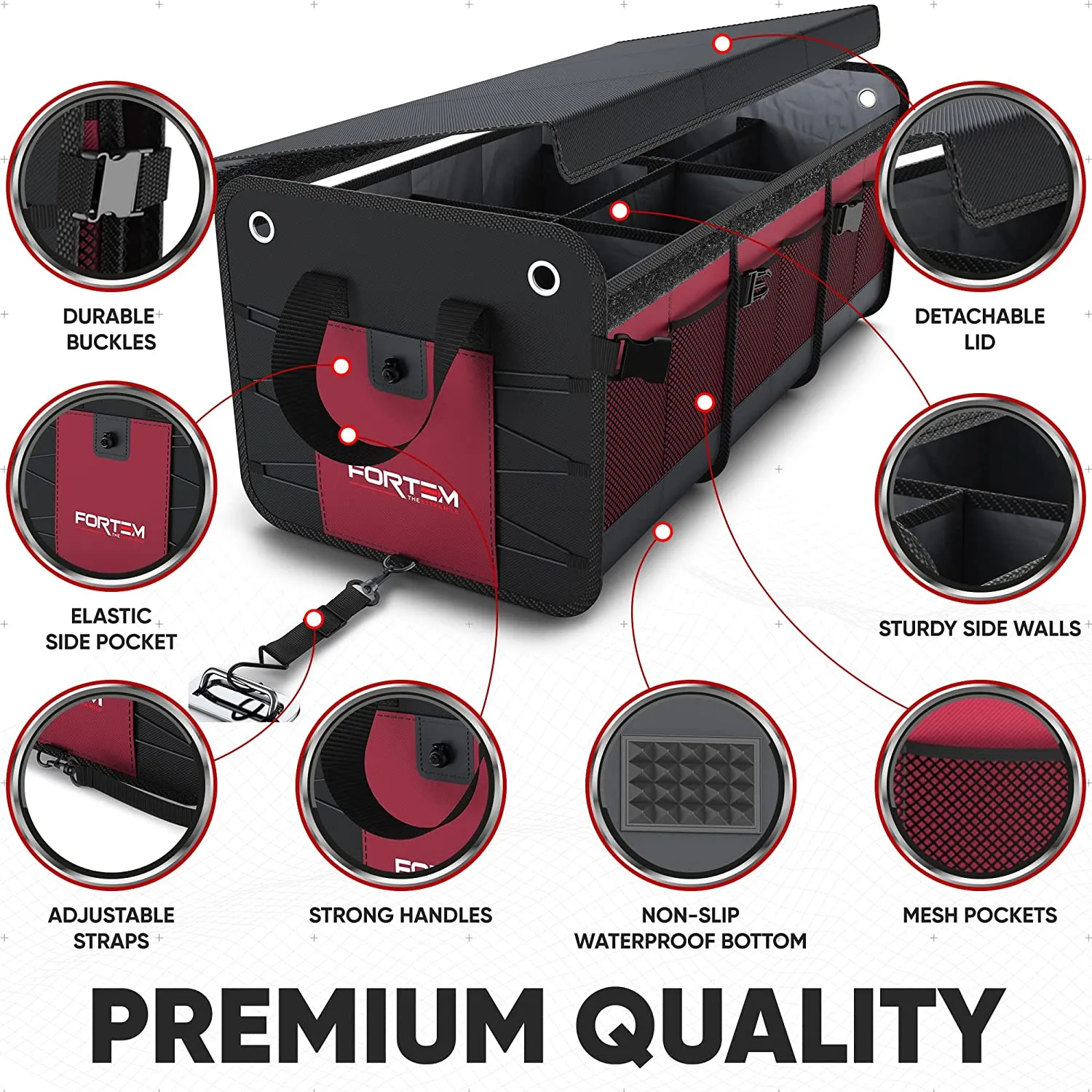 New FORTEM Car Trunk Organizer, SUV Trunk Organizer, Car Storage Organizer, Collapsible Multi Compartment Car Organizer, Non Slip Bottom, Adjustable Securing Straps, Foldable Cover (3 Compartments, Red) Retails $125 