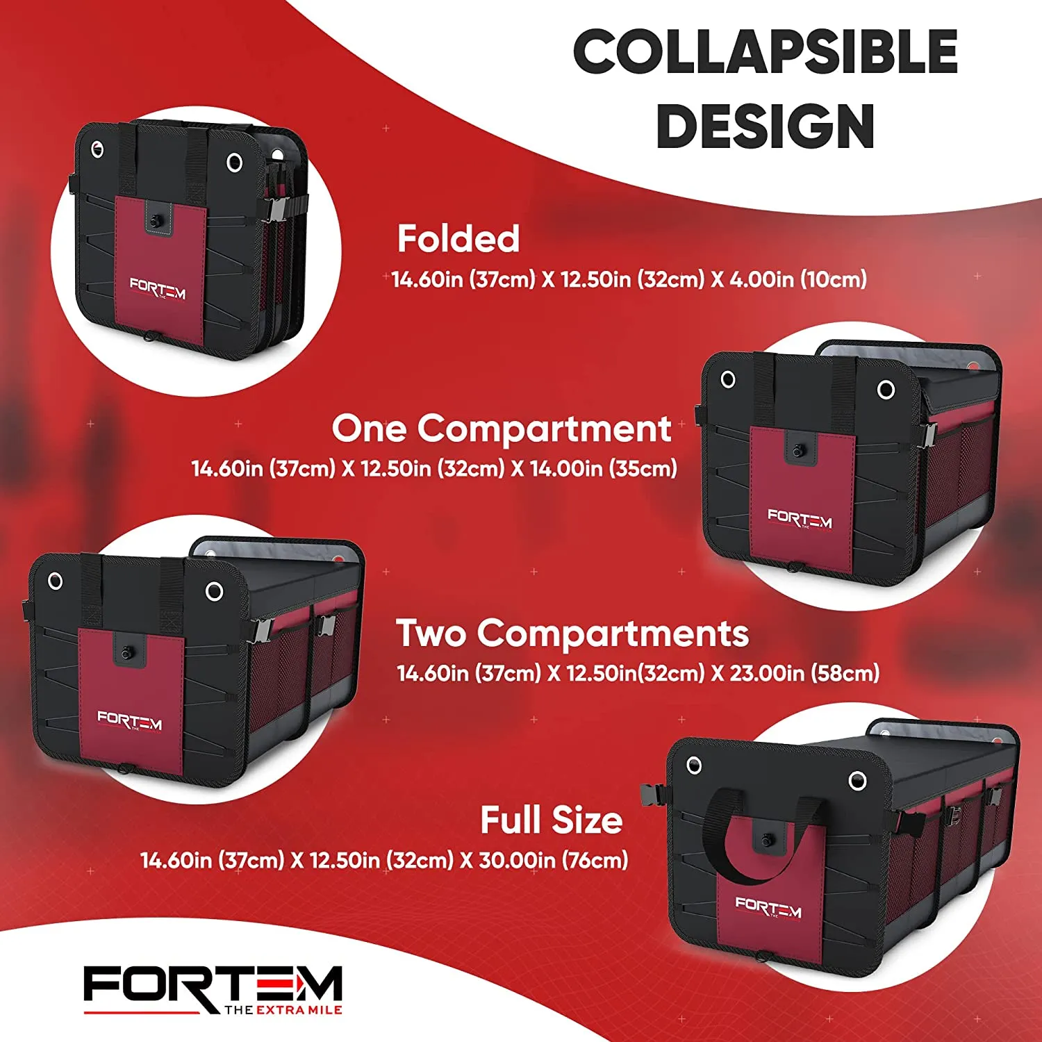 New FORTEM Car Trunk Organizer, SUV Trunk Organizer, Car Storage Organizer, Collapsible Multi Compartment Car Organizer, Non Slip Bottom, Adjustable Securing Straps, Foldable Cover (3 Compartments, Red) Retails $125 