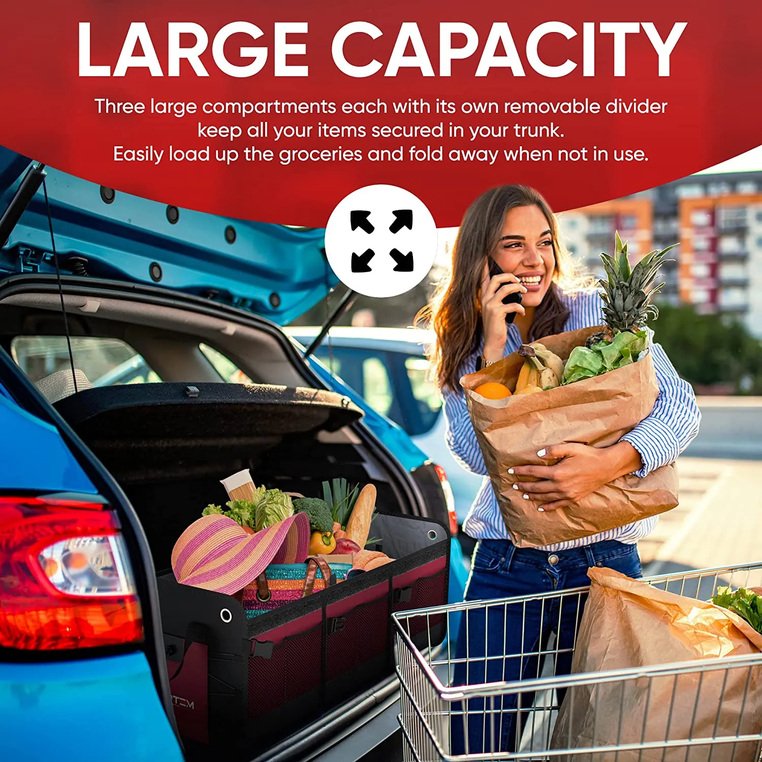 New FORTEM Car Trunk Organizer, SUV Trunk Organizer, Car Storage Organizer, Collapsible Multi Compartment Car Organizer, Non Slip Bottom, Adjustable Securing Straps, Foldable Cover (3 Compartments, Red) Retails $125 