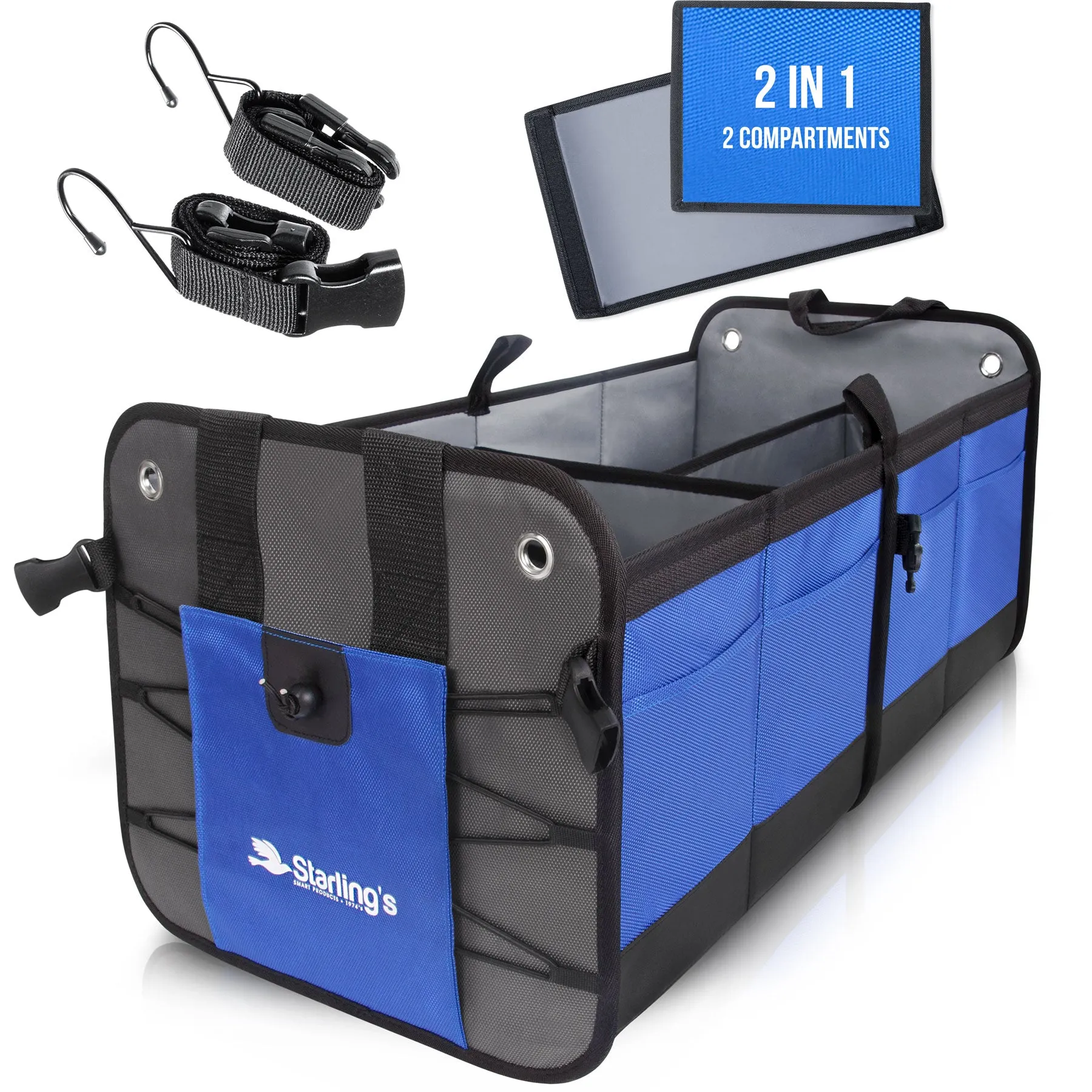 Starling's Car Trunk Organizer - Durable Storage SUV Cargo Organizer Adjustable, Blue  2 Compartments
