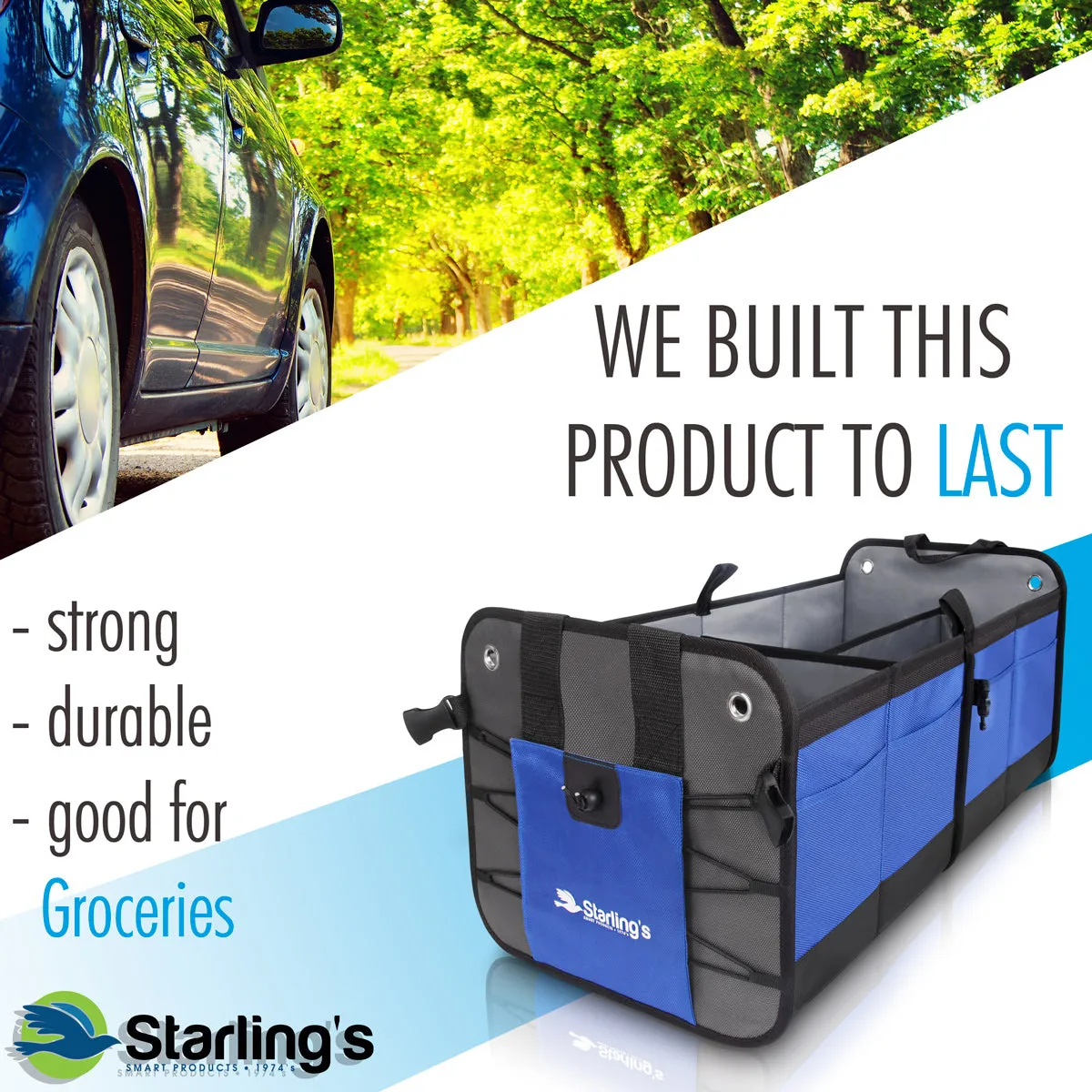 Starling's Car Trunk Organizer - Durable Storage SUV Cargo Organizer Adjustable, Blue  2 Compartments