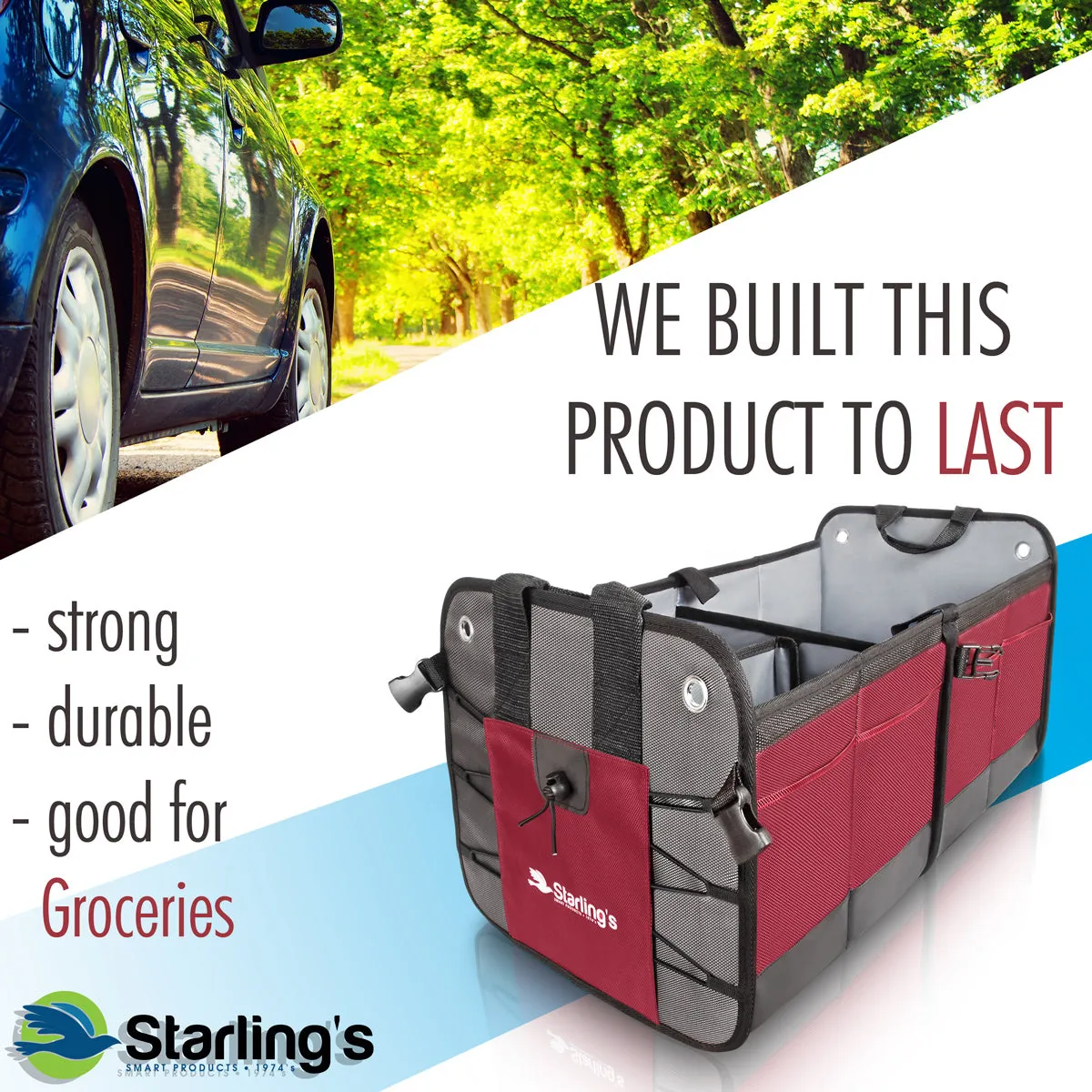 Starling's Car Trunk Organizer - Durable Storage SUV Cargo Organizer Adjustable, Bordeaux 2 Compartments