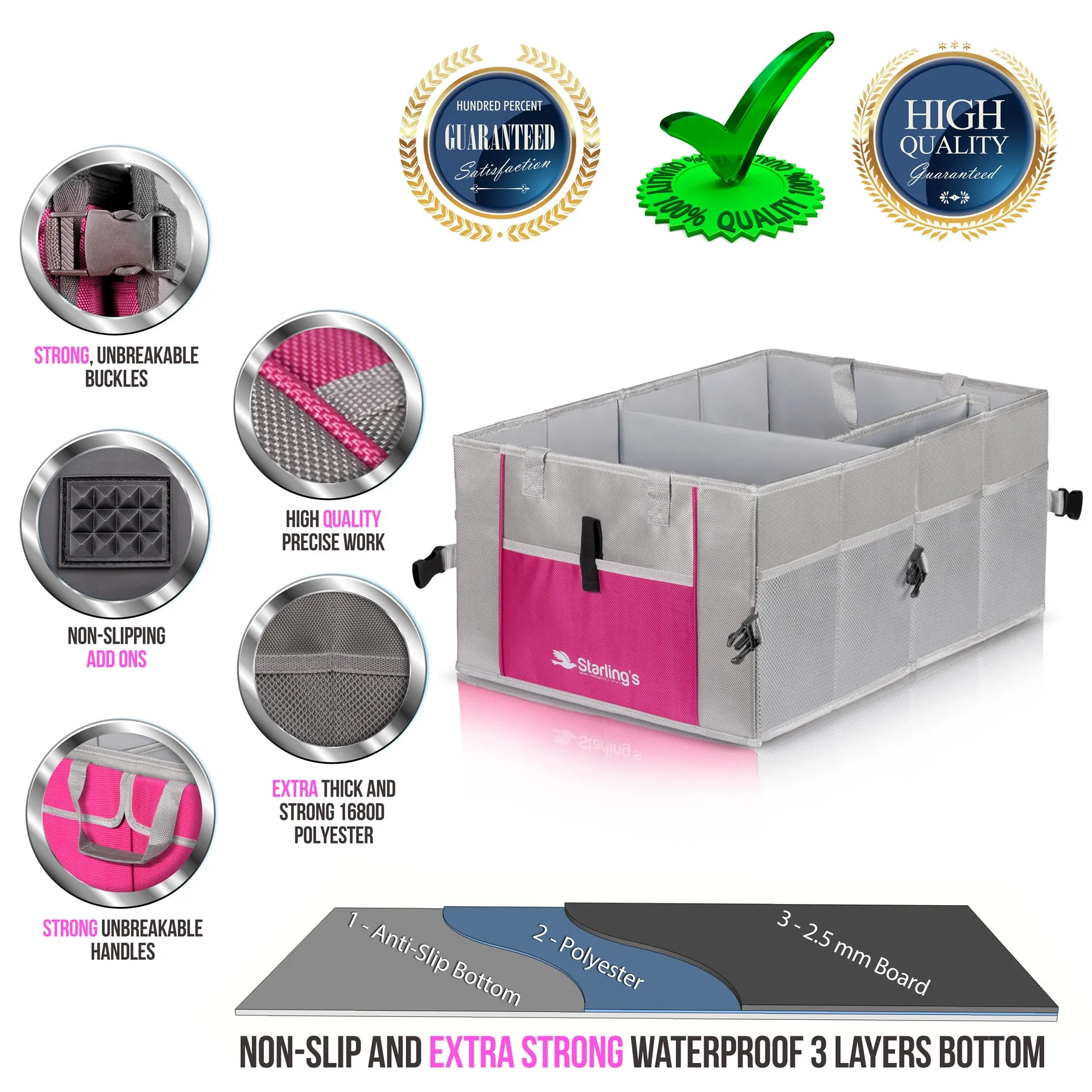 Starling's Car Trunk Organizer Super Strong Adjustable Compartments, Pink